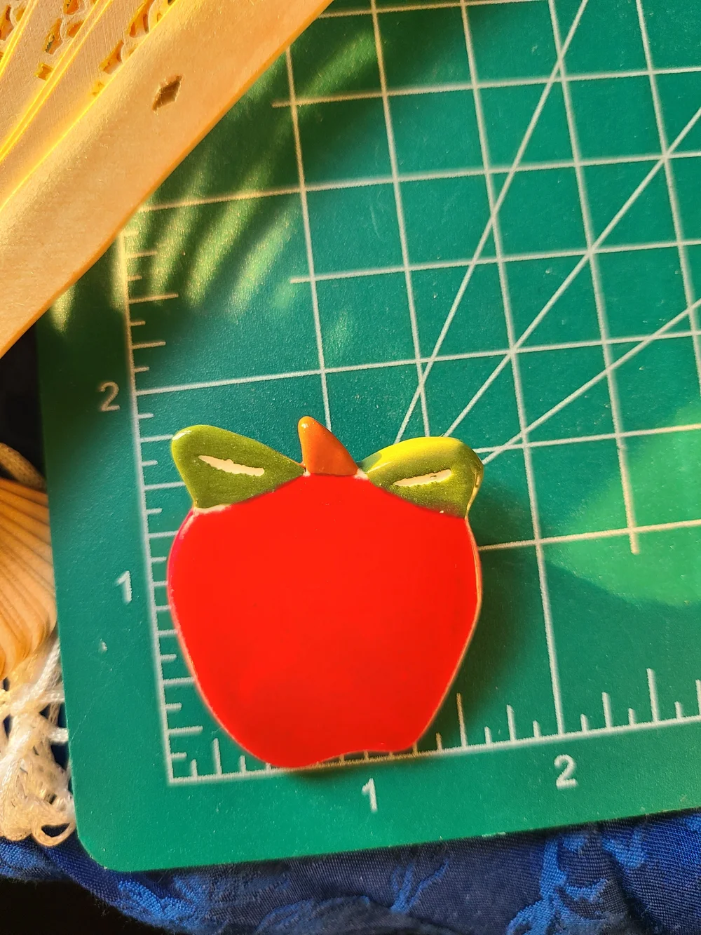 Red Apple Enamel Brooch with Green Leaves